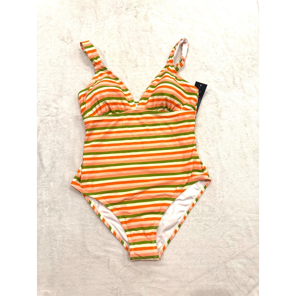 Aqua Couture Womens Striped One Piece Swimsuit Orange Green V-Neck Size L NEW